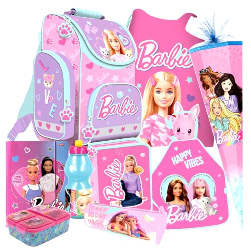 Barbie Mattel Schulranzen 8 Teile Set Ranzen Tornister Schultüte 85 cm mit Sticker-von-Kids4shop Tasche Federmappe Puppen Motiv von Kids4shop