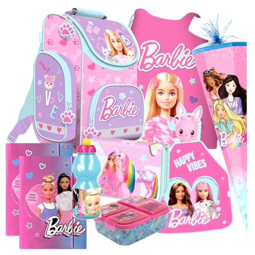 Barbie Mattel Schulranzen 8 Teile Set Ranzen Tornister Schultüte 85 cm mit Sticker-von-Kids4shop Tasche Federmappe Puppen Motiv von Kids4shop