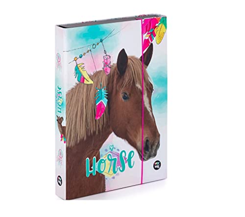 Heftordner Heftbox A4 Pferd Pony Horses Einhorn Unicorn für Hefte Mappen Heftmappe Ordnermappe Ordnungsmappe Hefter Kinder Mädchen Gummizugmappe + Sticker-von-Kids4shop von kids4shop