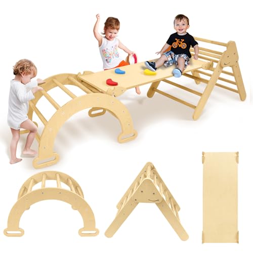 Kidsbuddy 3-in-1 Klettergerüst Indoor，Klappbares Montessori Kletterdreieck aus Holz mit Rutsche、Kletterbogen、Klettergerät，Spielplatz，Lernspielzeug für Kinder ab 1 Jahr，Kletterspielzeug Outdoor Indoor von Kidsbuddy