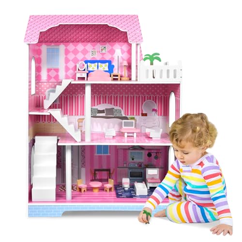 Kidsbuddy Großes Puppenhaus aus Holz für Mädchen，3 Etagen Spielset mit Möbelstücken und Zubehör,Prinzessin Traumhaus,Barbyhaus,Puppenvilla für Kinder ab 3 Jahren,Spielzeuggeschenk,100x36x70cm,Typ B von Kidsbuddy