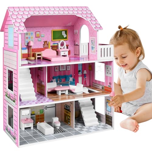 Kidsbuddy Großes Puppenhaus aus Holz für Mädchen，3 Etagen Spielset mit Möbelstücken und Zubehör,Prinzessin Traumhaus,Barbyhaus,Puppenvilla für Kinder ab 3 Jahren,Spielzeuggeschenk,60x24x70cm,Typ A von Kidsbuddy