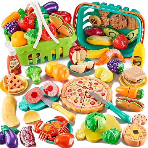 85-teiliges Spielzeug-Lebensmittelset, zum Schneiden von Spielzeug-Lebensmitteln mit 2 Körben, Spielküchen-Zubehör mit Pizza, Gemüse, Obst und Dessert, Geschenk für Jungen und Mädchen. von Kidsciety