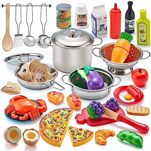 Kidsciety Pretend Play Kitchen Accessories, 52pc Kids Kitchen Playset with Play Food, Stainless Steel Cookware, Kitchen Toys Pots and Pans, Toddler Kitchen Set with Cuttable Toy Food, Boys Girls Gift von Kidsciety