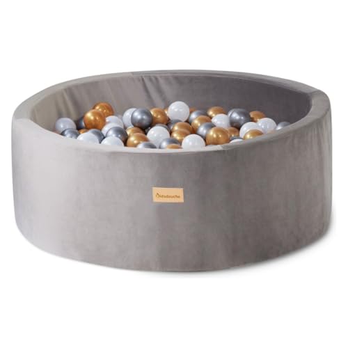 Kidsdouche - Bällebad - Premium Bällepool - Spielzeug ab 1 Jahr - Baby Spielzeug - Bälle 200 Stück - Ø 7 cm - Gold, Silber & Perlmutt - graue Wanne aus 52% Elasthan & 48% Baumwolle - Größe 90 x 30 cm von Kidsdouche