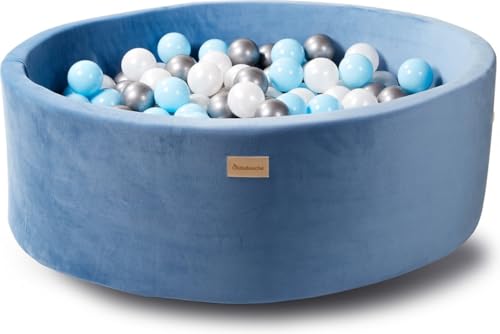 Kidsdouche - Bällebad - Premium Bällepool - Spielzeug ab 1 Jahr - Baby Spielzeug - Bällebad Bälle 250 Stück - Ø 7 cm - Blau, Silber & Perlmutt - Blaue Wanne aus 90% Polyester - Größe 90 x 30 cm von Kidsdouche