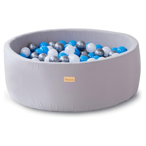 Kidsdouche - Bällebad - Premium Bällepool - Spielzeug ab 1 Jahr - Baby Spielzeug - Bällebad Bälle 250 Stück - Ø 7 cm - Blau, Silber & Perlmutt - graue Wanne aus 100% Baumwolle - Größe 90 x 30 cm von Kidsdouche