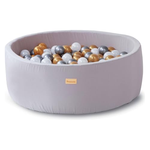 Kidsdouche - Bällebad - Premium Bällepool - Spielzeug ab 1 Jahr - Baby Spielzeug - Bällebad Bälle 250 Stück - Ø 7 cm - Gold, Silber & Perlmutt - graue Wanne aus 100% Baumwolle - Größe 90 x 30 cm von Kidsdouche