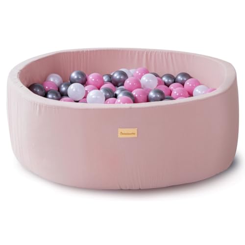 Kidsdouche - Bällebad - Premium Bällepool - Spielzeug ab 1 Jahr - Baby Spielzeug - Bällebad Bälle 250 Stück - Ø 7 cm - Rosa, Silber & Perlmutt - rosa Wanne aus 100% Baumwolle - Größe 90 x 30 cm von Kidsdouche