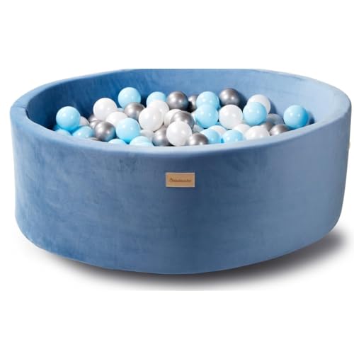 Kidsdouche - Bällebecken - Premium Bällebad - Spielzeug ab 1 Jahr - Babyspielzeug - inkl. 200 Bällchen Ø 7 cm - Blau, Silber & Perlmutt - Blauer Behälter aus 90% Polyester - Ø90 x 30 cm von Kidsdouche