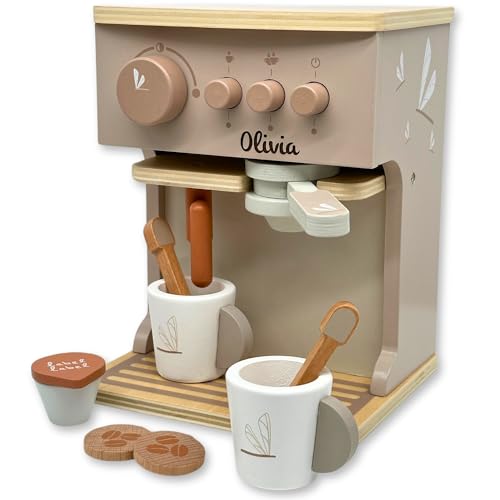 Kinderküche Kaffeemaschine Nougat personalisierbar, Holzspielzeug ab 3 Jahren, Label-Label Zubehör Spielküche, Geburtstagsgeschenk für Kinder, Spielzeug mit Name von Kidslino