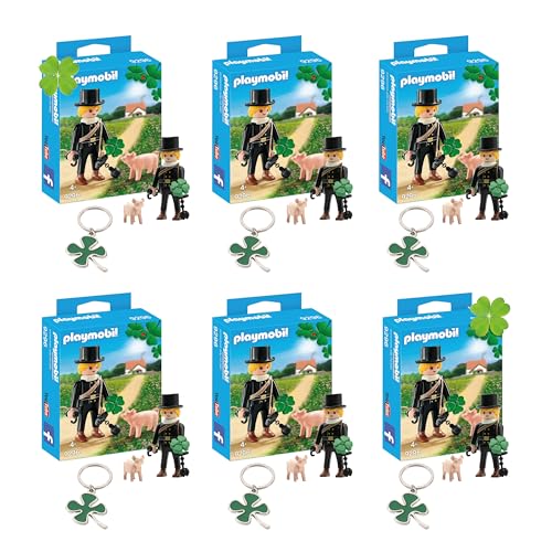 Bundle PLAYMOBIL 9296 Schornsteinfeger mit Glücksschweinchen mit Kleeblatt Schlüsselanhänger 6er Set von Kidstell