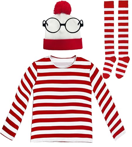 Kidukso Deluxe-Halloween-Kostüm für Erwachsene, lustig, rot und weiß gestreift, langärmelig, T-Shirt, Nerd, Brille, Hut, Socken, Geschlecht: Damen, 3XL von Kidukso