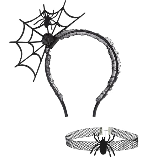 Kidukso Spinnennetz Kopfbedeckung Halskette Set Spinne Spitze Haar Zubehör Kopfschmuck Gitter Halskette Verstellbare Kopfbedeckung Choker Set für Männer Frauen Dress Up Party Halloween Cosplay Schwarz von Kidukso