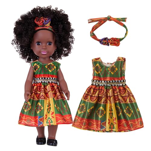 KieTeiiK 14'' Lebensechte Wiedergeborene Afrikanische Mädchenpuppe Spielzeugfigur Süße Schwarze Kleinkinderpuppe Die Mit Dem AfroHair Modekleid Echt Aussieht von KieTeiiK