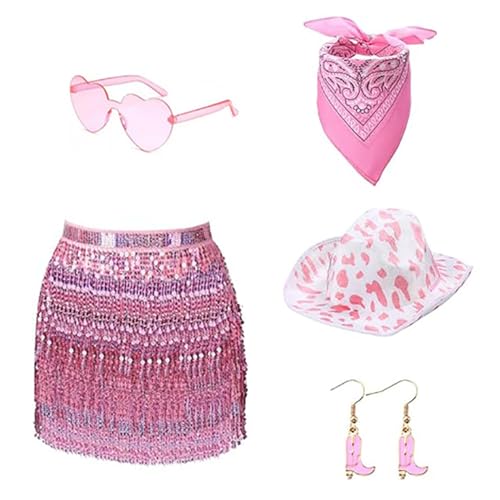 KieTeiiK 80er Jahre Damenkostüm Set Damen Accessoires Bandana Ohrring Sonnenbrille Western Cowgirl Hut Erwachsene Accessoires von KieTeiiK