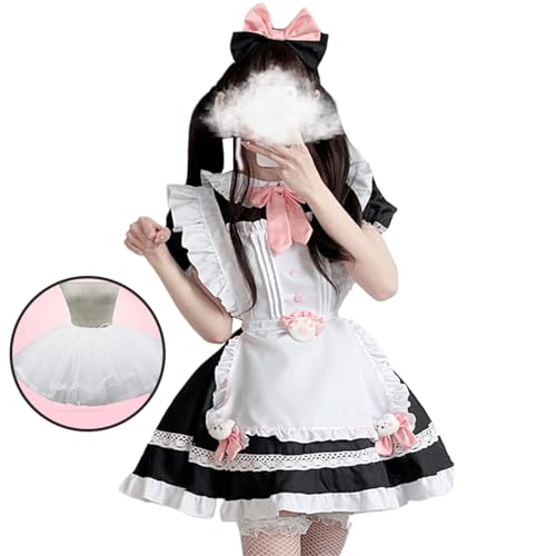 KieTeiiK Halloween Dienstmädchen Outfit Cosplays Süße Süße Schürze Schleifen Stirnbänder. Netzstrümpfe Französische Dienstmädchen Kostüme Für Frauen Und Mädchen Französische Dienstmädchen Kostüm von KieTeiiK