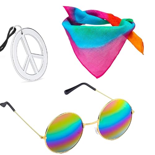 KieTeiiK Hippie Kostüm Set Hippie Stirnband Hippie Schild Halskette Runde Hippie Sonnenbrillen Sets Für Hippie Kostüme Zubehör Kostüm Set Für Erwachsene von KieTeiiK