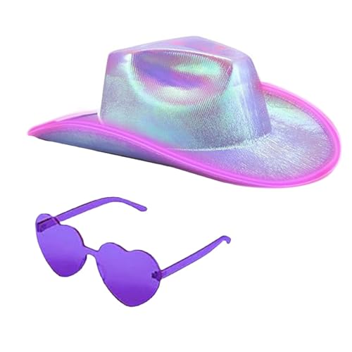 KieTeiiK Leuchtender Cowboyhut Mit Herz Sonnenbrille Kostüm Für Damen Und Herren Musikfestival Anziehkostüm Bachelorette Party Requisiten Herzbrille Maskerade Zubehör von KieTeiiK