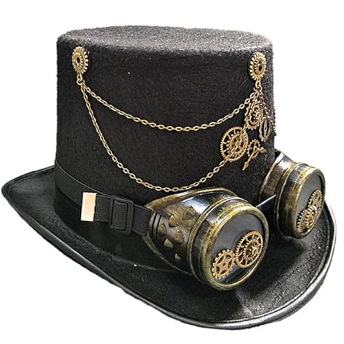 KieTeiiK Unisex Steampunk-Hut, Halloween-Kostüm, schwarzer Gothic-Hut mit kleiner Krempe und Brille für Männer und Frauen, Steampunk-Hüte für Damen, Steampunk-Hut für Herren, Steampunk-Hut, schwarzer von KieTeiiK