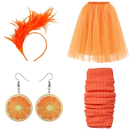 Aperol Kostüm Damen Tüllrock Orange Faschingskostüme Orange Tüll Rock, Obst Acryl Ohrringe, Feder Haarschmuck Karneval Kostüm (DE/NL/SE/PL, Alphanumerisch, Einheitsgröße, Regular, Regular, 4PC) von Kielsjajd