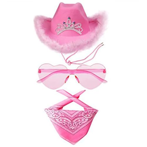 Cowboy Hut Damen Rosa - 3PCS Cowgirl Kostüm Karneval Western Outfit Cowboy Hut + Bandana + Partybrille Filz Fashion CowgirlHut mit Adjustable String für Fasching Karneval Kostüm Party (Rosa-A) von Kielsjajd