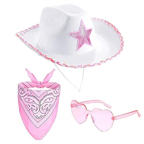 Cowboy Hut Damen Rosa - 3PCS Cowgirl Kostüm Karneval Western Outfit Cowboy Hut + Bandana + Partybrille Filz Fashion CowgirlHut mit Adjustable String für Fasching Karneval Kostüm Party (Rosa-C) von Kielsjajd