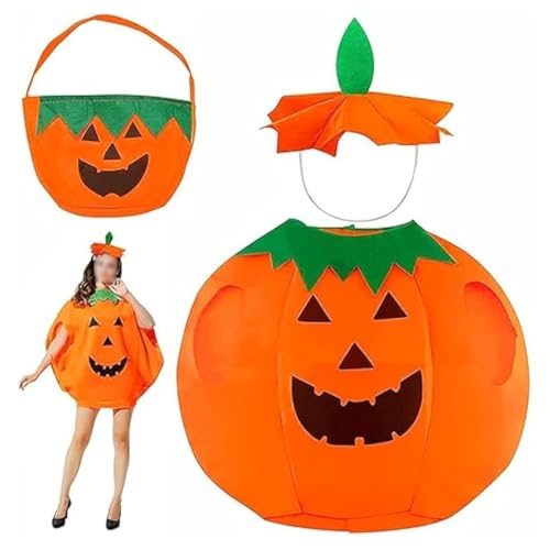 Halloween Kürbis Kostüm, Erwachsene Kürbis Kostüm Damen, Karnevals Kürbiskostüm mit Hut und Kürbis Tasche Lustige Kürbis Kostüme für Frauen/Mädchen Halloween Karneval Cosplay Party (Orange-A) von Kielsjajd