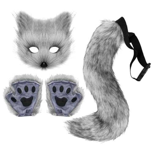 Kielsjajd Katze Therian Maske und Schwanz Handschuhe Set, Fuchsschwanz Kunstpelz Flauschige Katze Wolf Plüsch Maske Halloween Karneval Party Kostüm Pfote Handschuhe Cosplay Set für Damen von Kielsjajd