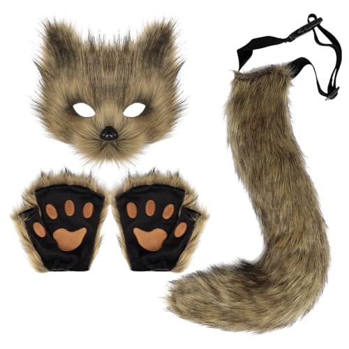 Kielsjajd Katze Therian Maske und Schwanz Handschuhe Set, Fuchsschwanz Kunstpelz Flauschige Katze Wolf Plüsch Maske Halloween Karneval Party Kostüm Pfote Handschuhe Cosplay Set für Damen von Kielsjajd