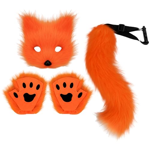 Kielsjajd Katze Therian Maske und Schwanz Handschuhe Set, Fuchsschwanz Kunstpelz Flauschige Katze Wolf Plüsch Maske Halloween Karneval Party Kostüm Pfote Handschuhe Cosplay Set für Damen von Kielsjajd