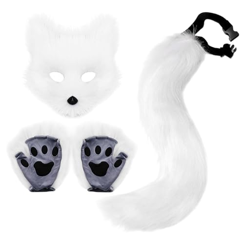 Kielsjajd Katze Therian Maske und Schwanz Handschuhe Set, Fuchsschwanz Kunstpelz Flauschige Katze Wolf Plüsch Maske Halloween Karneval Party Kostüm Pfote Handschuhe Cosplay Set für Damen von Kielsjajd