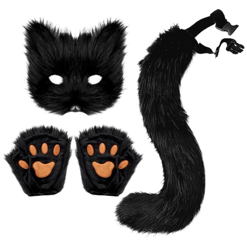 Kielsjajd Katze Therian Maske und Schwanz Handschuhe Set, Fuchsschwanz Kunstpelz Flauschige Katze Wolf Plüsch Maske Halloween Karneval Party Kostüm Pfote Handschuhe Cosplay Set für Damen von Kielsjajd