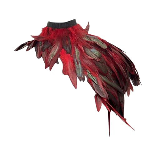 Kielsjajd Pfau Kostüm Damen Gothic Feder Achselzucken mit Feder Manschetten Federumhang Schal Poncho Halloween Party Outfit Poncho-Schal Gothic Federschal Pfau Kostüm für Cosplay Karneval (Rot) von Kielsjajd