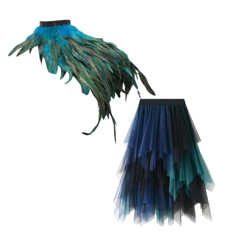 Kielsjajd Pfau Kostüm Set Damen Karneval Blau Tüllrock mit Feder Cape Krähenkostüm, Pfauen Rock Federn Kostüm, Pfau Accessoires zum Halloween Karneval Fasching Cosplay Mottoparty von Kielsjajd