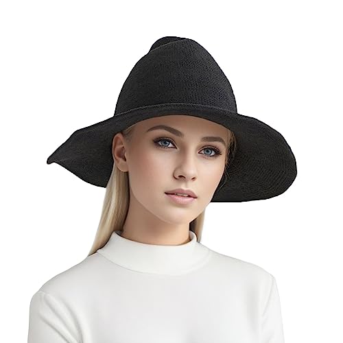 Kielsjajd Schwarzer Hexenhut für Erwachsene, Damen Halloween Hexenhut Zauberer Hut, Kostüm Zubehör für Halloween, Strick Hexenhut für Frauen Party Hut Gestrickte Kostüm Zubehör (Black, One Size) von Kielsjajd