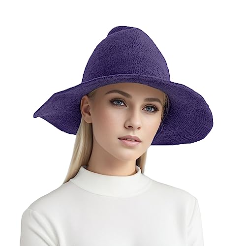 Kielsjajd Schwarzer Hexenhut für Erwachsene, Damen Halloween Hexenhut Zauberer Hut, Kostüm Zubehör für Halloween, Strick Hexenhut für Frauen Party Hut Gestrickte Kostüm Zubehör (Purple, One Size) von Kielsjajd