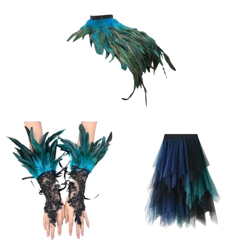 Pfau Kostüm Set, Pfau Kostüm Damen Karneval Blau Tüllrock mit Feder Cape, Faschingskostüme Damen, Blau Grün Pfau Tüllrock, Feder Cape, Federn Kostüm für Halloween Karneval Cosplay (Blau Grün-B) von Kielsjajd