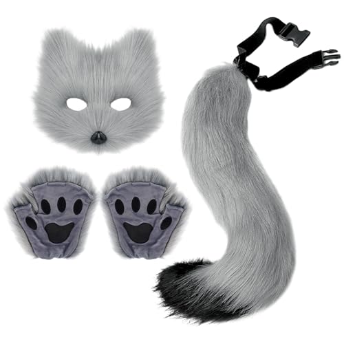 Therian Maske, Plüschmaske Cosplay-Kostüm-Set, Kunstpelz Fuchs Maske, Furry Mask Halloween Katzen Masken Set Plüschmaske + Krallenhandschuhe + Plüschmaske für Halloween Karneval Party Cosplay von Kielsjajd