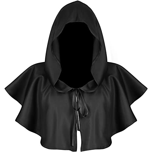 Unisex Mittelalter Kurzhaube Kapuzenmantel Halloween Poncho Cosplay Kostüm für Herren & Damen, Halloween Gugel Mantel Mittelalter Gugel Kapuzen Medieval Haube Hut Cosplay Kostüm für (Black, One Size) von Kielsjajd