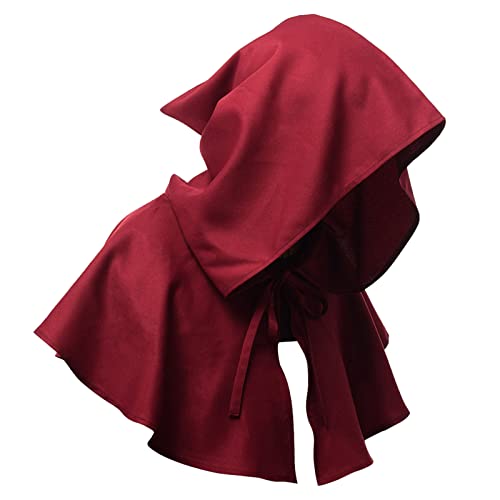 Unisex Mittelalter Kurzhaube Kapuzenmantel Halloween Poncho Cosplay Kostüm für Herren & Damen, Vintage Mittelalterliche Kutte Hut Halloween Kapuzenponcho Cosplay Kostüm für Männer (Wine, One Size) von Kielsjajd