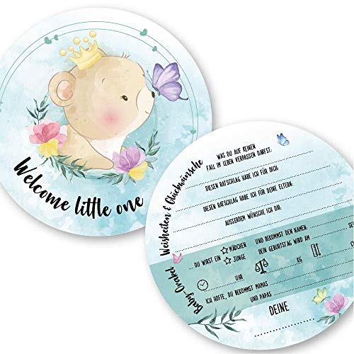 Babyparty Spiele Rate mal Karten (25 Karten, Deutsch, Motiv Bär) - Babyshower Ratespiel Mädchen und Junge - Baby Orakel Deko (Rund (Durchmesser 14,8 cm)) von Kigebu