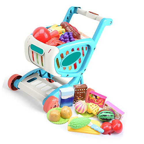 Kikumi Kinder-Lebensmittelwagen-Spielset, Obst, Gemüse, Lebensmittel, Pädagogisches, Leuchtendes Einkaufswagen-Spielzeugset (Blau) von Kikumi