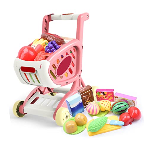 Kikumi Kinder-Lebensmittelwagen-Spielset, Obst, Gemüse, Lebensmittel, Pädagogisches, Leuchtendes Einkaufswagen-Spielzeugset (Rosa) von Kikumi