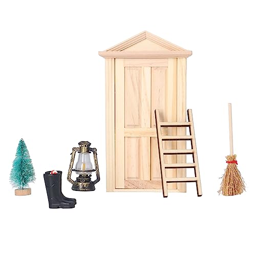 Kikumi Puppenhaus-Tür-Set – Mini-Weihnachtsbaum-Tür-Set, Lindenholz, Besen, Leiter, Zuckerrohr, Öllampe, Teppich, Miniatur-Puppenhaus-Zubehör von Kikumi