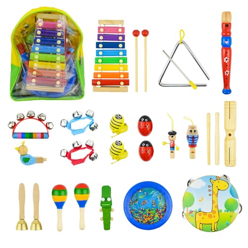 27-Teiliges Musikinstrumente Kinder Musical Instruments Set, Kikuo Holzinstrumente Kinder, Holz Percussion Set Schlagzeug, Rhythm Toys, Fördert Die Frühe Entwicklung, Inklusive Rucksack von Kikuo