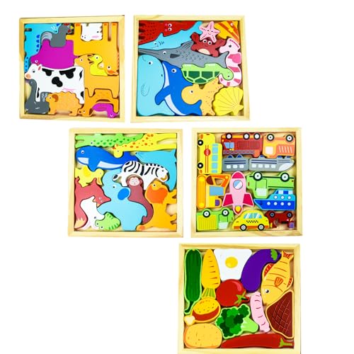 5 Sätze Holzpuzzle für Kleinkinder, Kikuo Holzpuzzles Holzpuzzle Ab 2, Tiere Autos Gemüse Kleinkinder Basteln & Geschenke, Montessori Spielzeug Ab 1 Jahr von Kikuo