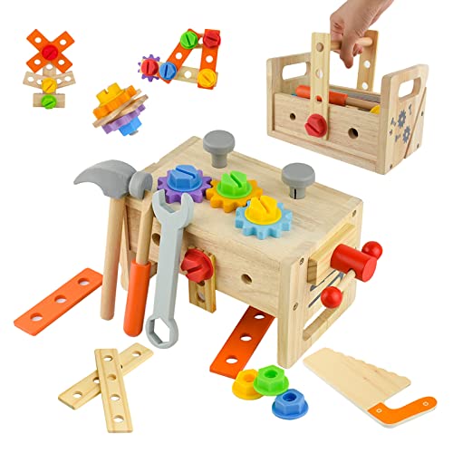 Kikuo 24PCS Holz Werkzeug Kinder, Werkzeugkoffer Kinder, Rollenspielzeug Werkkoffer Kinders, Educational Kleinkind Spielzeug Werkzeugkoffer Kinders ab 2 Jahre Alte Mädchen und Jungen von Kikuo