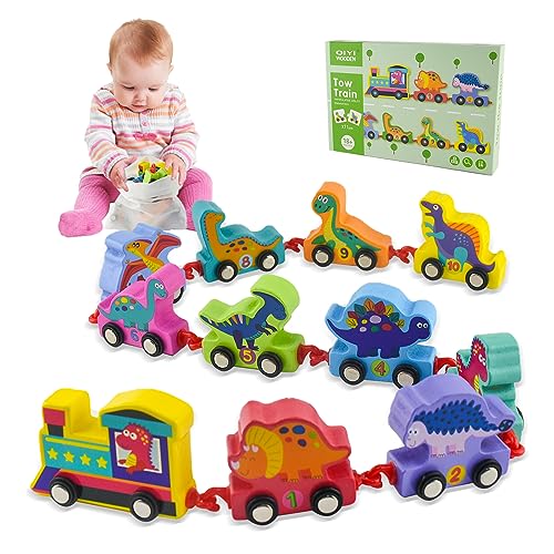 Kikuo Dinosaurier Zahlzug Holz, Kleinkind Dinosaurier Spielzeug Set mit Ziffern von 1 bis 10, Lernen Lernspielzeug Spielzeug Geschenk für Babys ab 18 Monaten (11 Stück, 1 Aufbewahrungstasche) von Kikuo