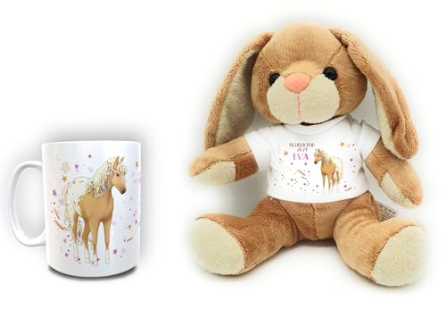 Kilala Geschenkset Einschulung Tasse Kuscheltier Hase mit Namen T-Shirt Pferd Schulkind für die Zuckertüte Schultüte Topping ABC-Schütze (Geschenkset Pferd beige) von Kilala